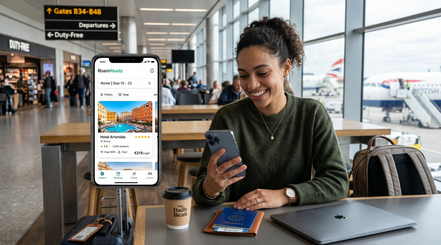 girl at the airport using a travel mobile app for booking